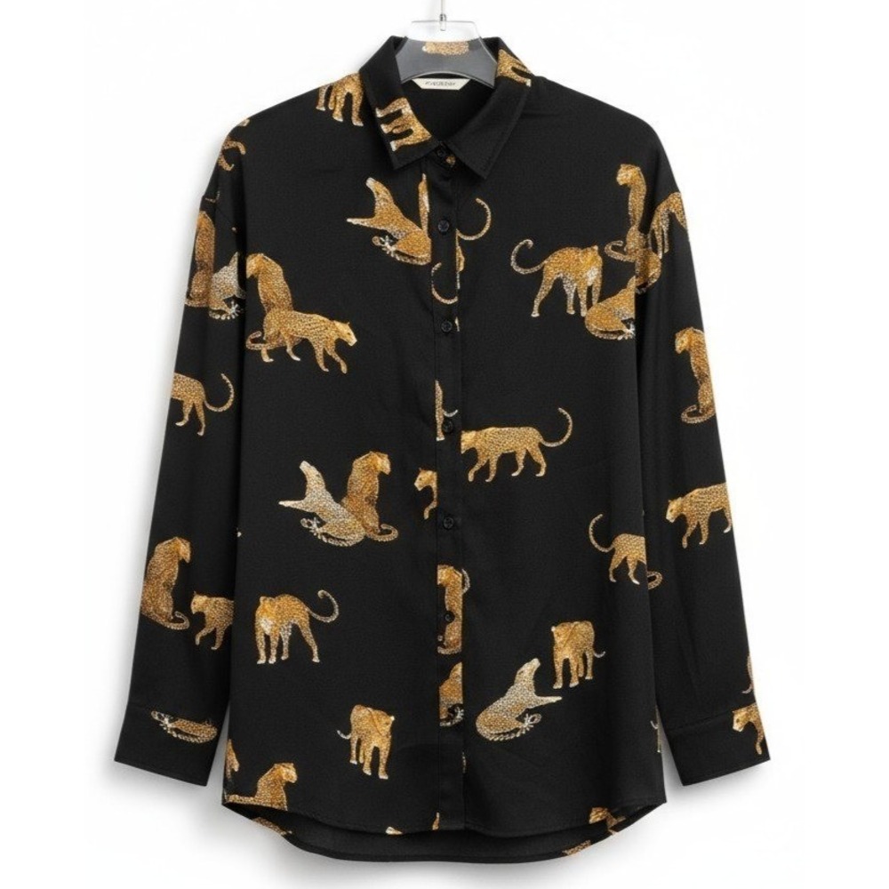 Mazik Women's SMALL Leopard Print Button Down Long Sleeve Blouse Top